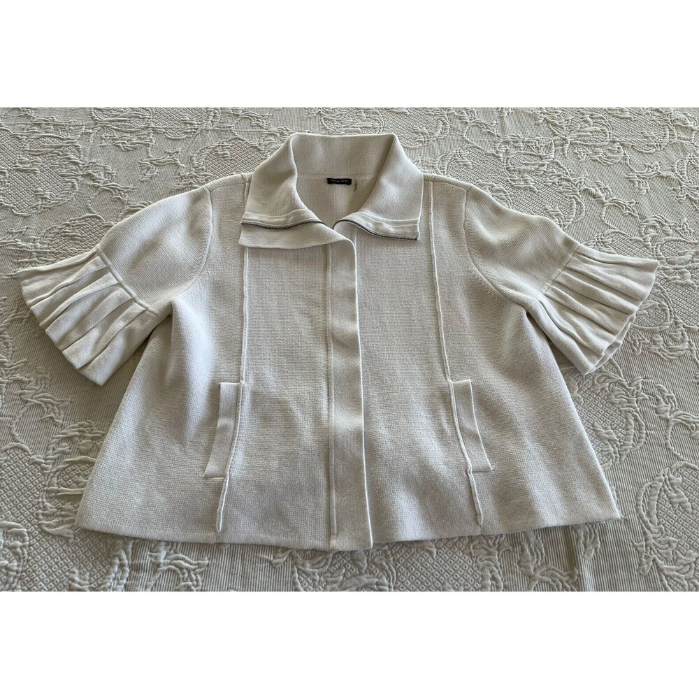 MAGASCHONI Bell Sleeve Sweater Zip Front Cotton Crop White Pocket Lady Size XL
